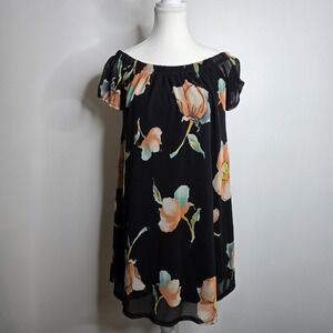 Megan Dress Womens Medium‎ Black Floral Off Shoulder Short Sleeve Summer Boho